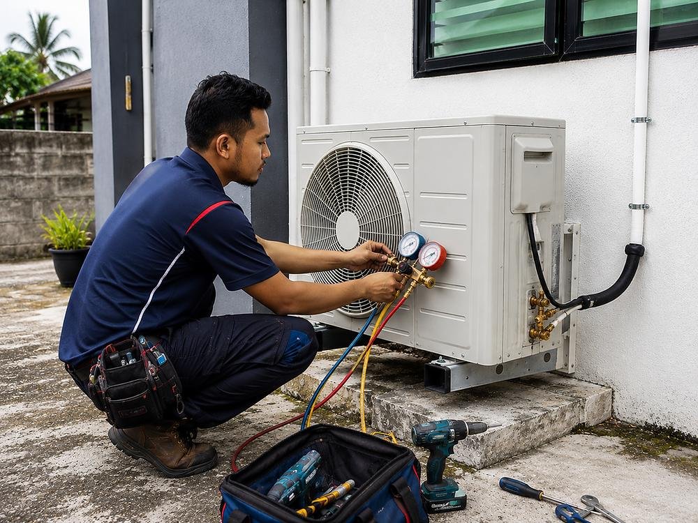 Professional HVAC technician working on an air conditioning system